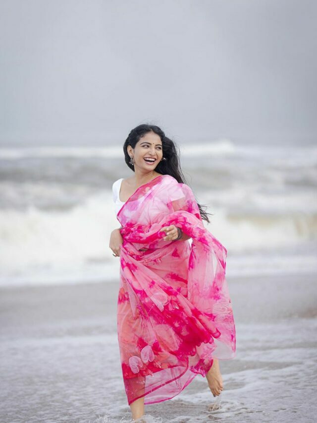 Ananya Nagalla at Beach in Pink Saree