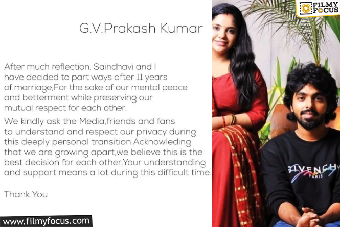 GV Prakash Kumar And His Wife Have Decided To Part Ways