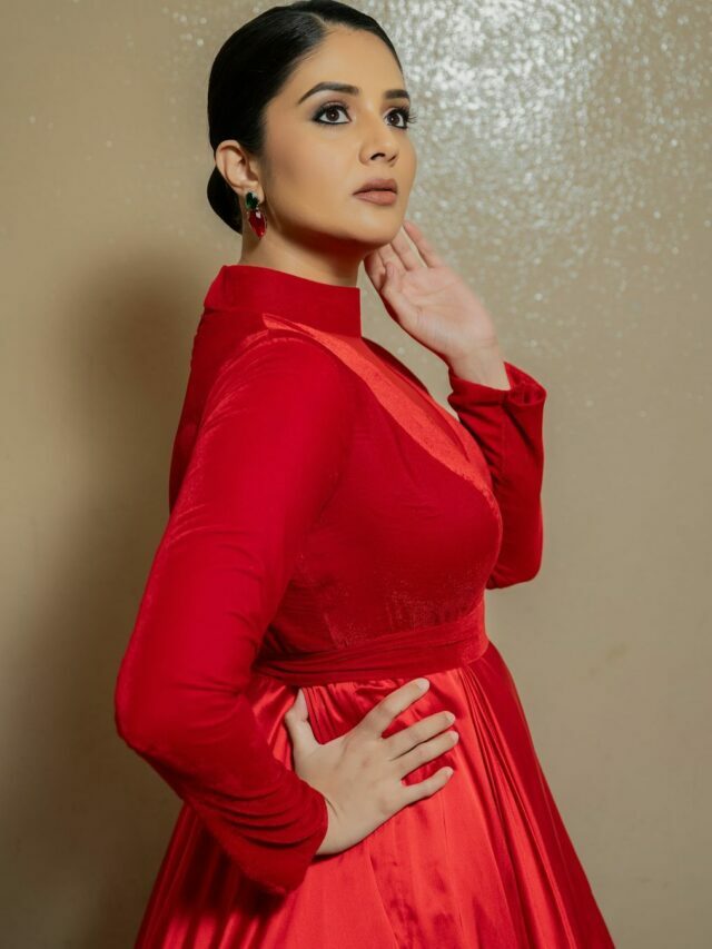 Sreemukhi Styslish Stills in Red Dress
